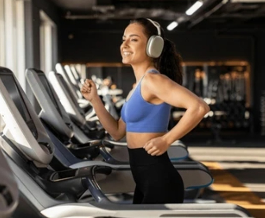 A smiling woman wearing a blue tank is running on a treadmill with her headphones on.