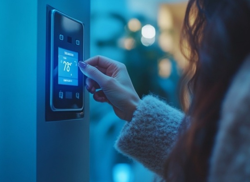 A woman is adjusting her smart thermostat with her hand.